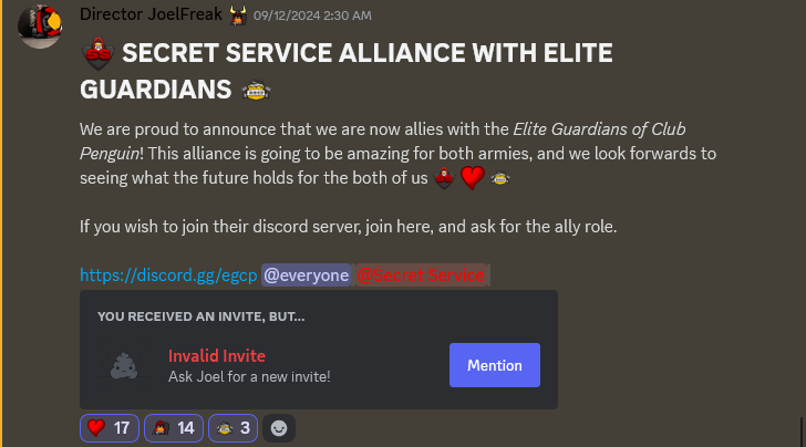 JoelFreak announcing the alliance between the Secret Service and the Elite Guardians