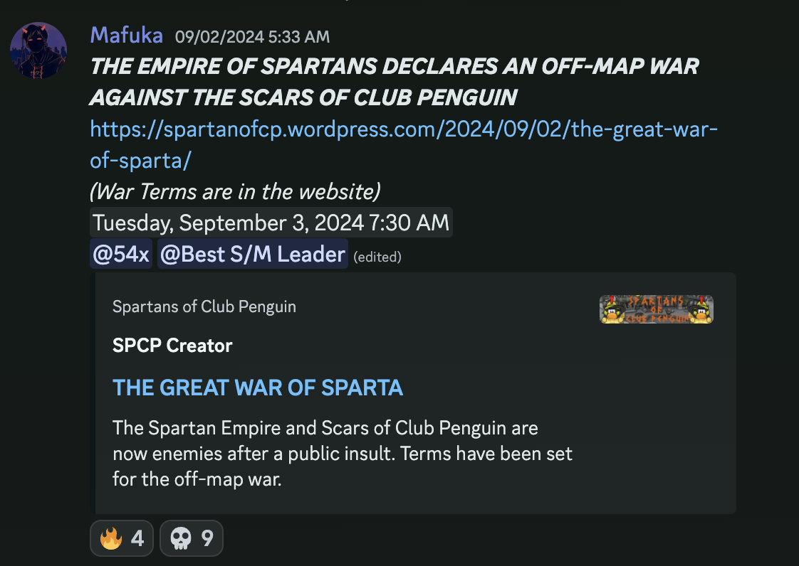 Spartans' declaration against the Scars of Club Penguin