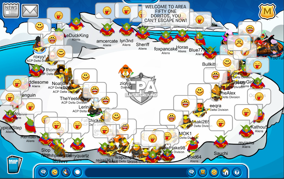 The Army of Club Penguin and the Aliens battle in the Iceberg