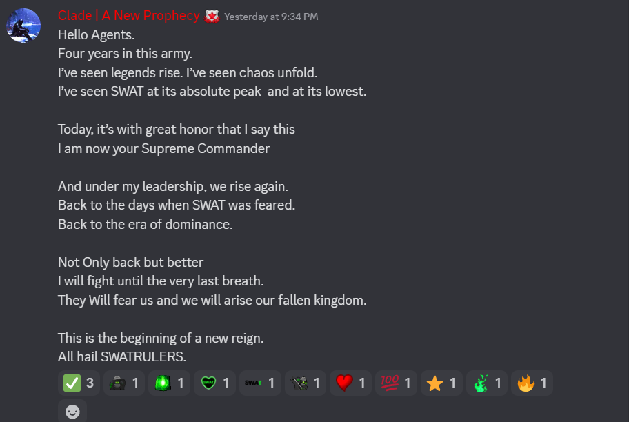 Clade announces his arrival as the new SWAT leader