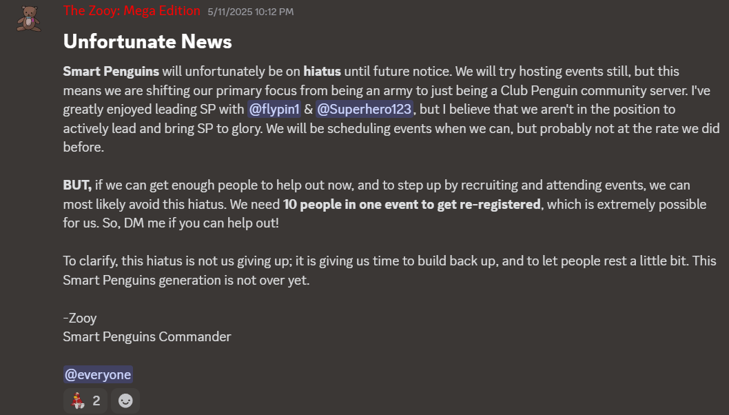 Zooy announces that SP will be going on hiatus