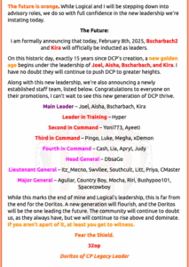 Legacy Leader 32op announcing Kira and Bscharbach as the newest DCP leaders