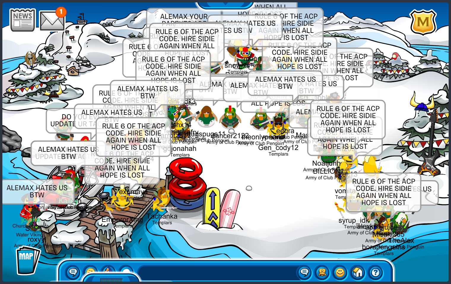 The Army of Club Penguin and the Templars both perform word tactics in formations at The Dock