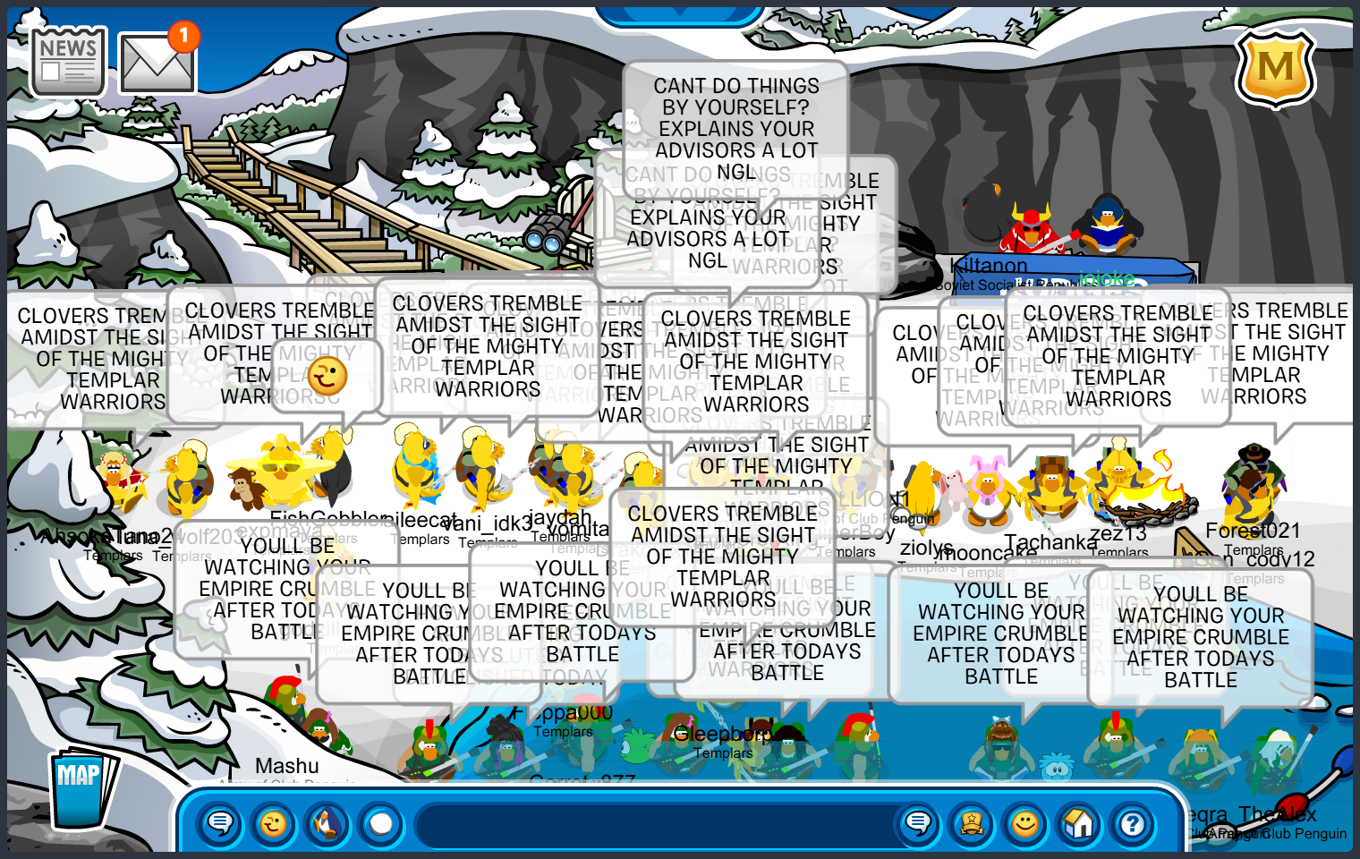 The Army of Club Penguin and the Templars both perform word tactics in formations at The DockACP visibly have a line at the chat bar and Templars have a line going through the middle of the room