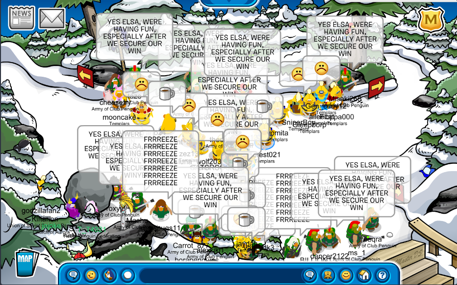 The Army of Club Penguin and Templars at the forest. One The templars are emoting in a Y formation, while ACP is using word tactics in an unknown formation. ACP has control of the chat bar