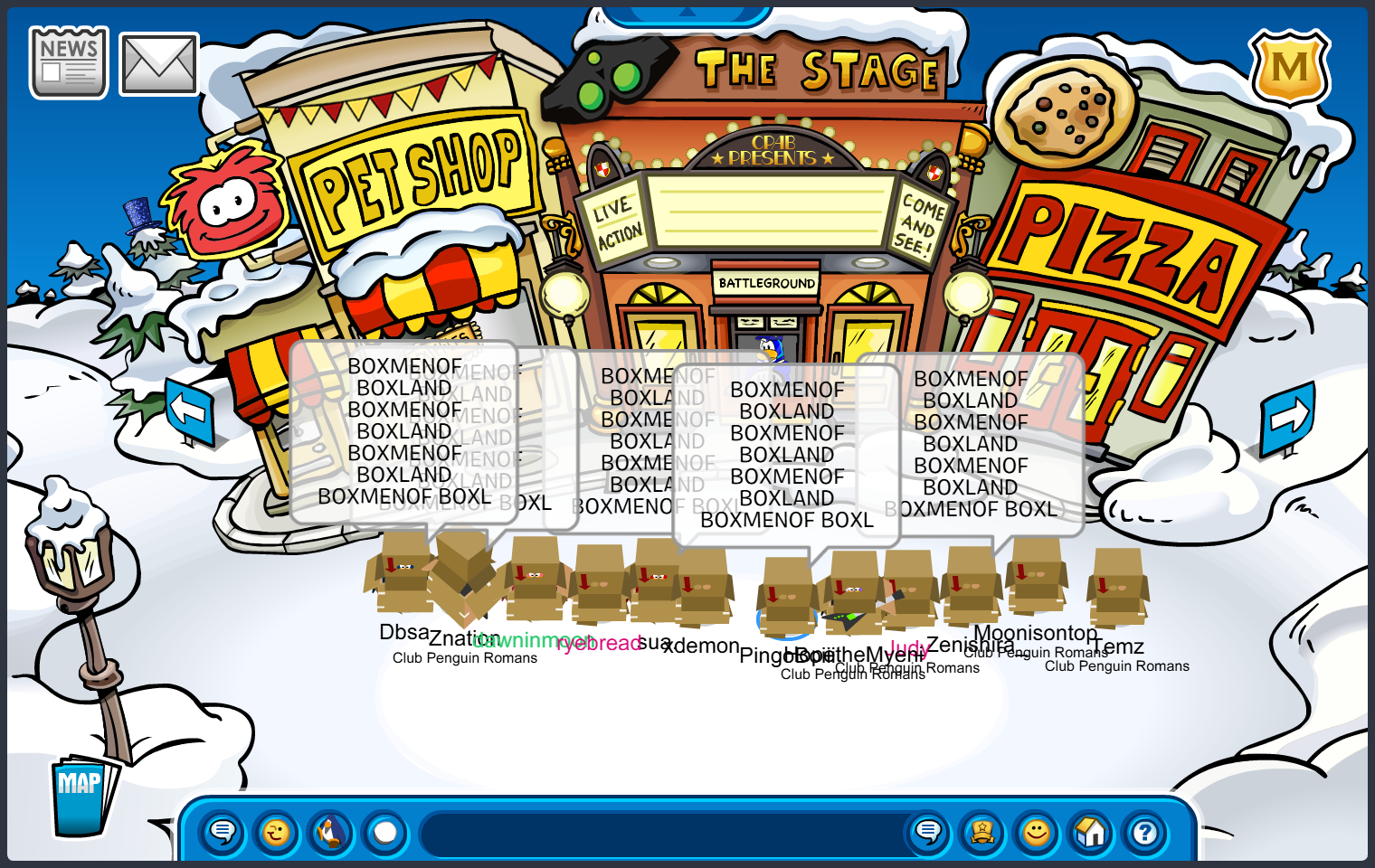 Boxmen of Boxland in a line formation at The Plaza