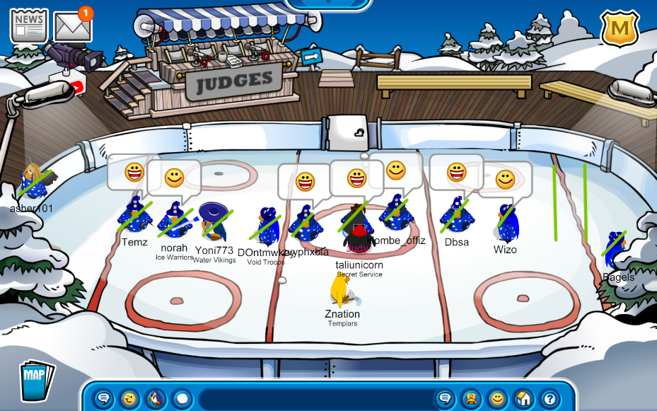 Portal Hoppers of Club Penguin in a line formation at the Stadium