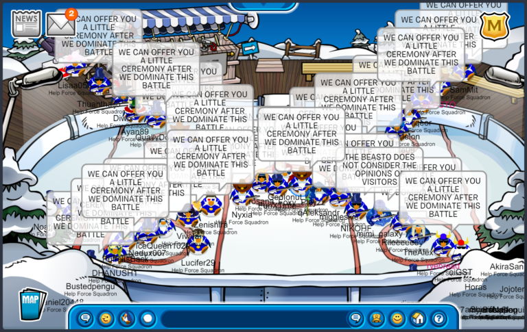 Help Force is at Stadium in an X formation using word tactic 'WE CAN OFFER YOU A LITTLE CEREMONY AFTER WE DOMINATE THIS BATTLE'. Beasto can be found at the top right part of the X with a pink username