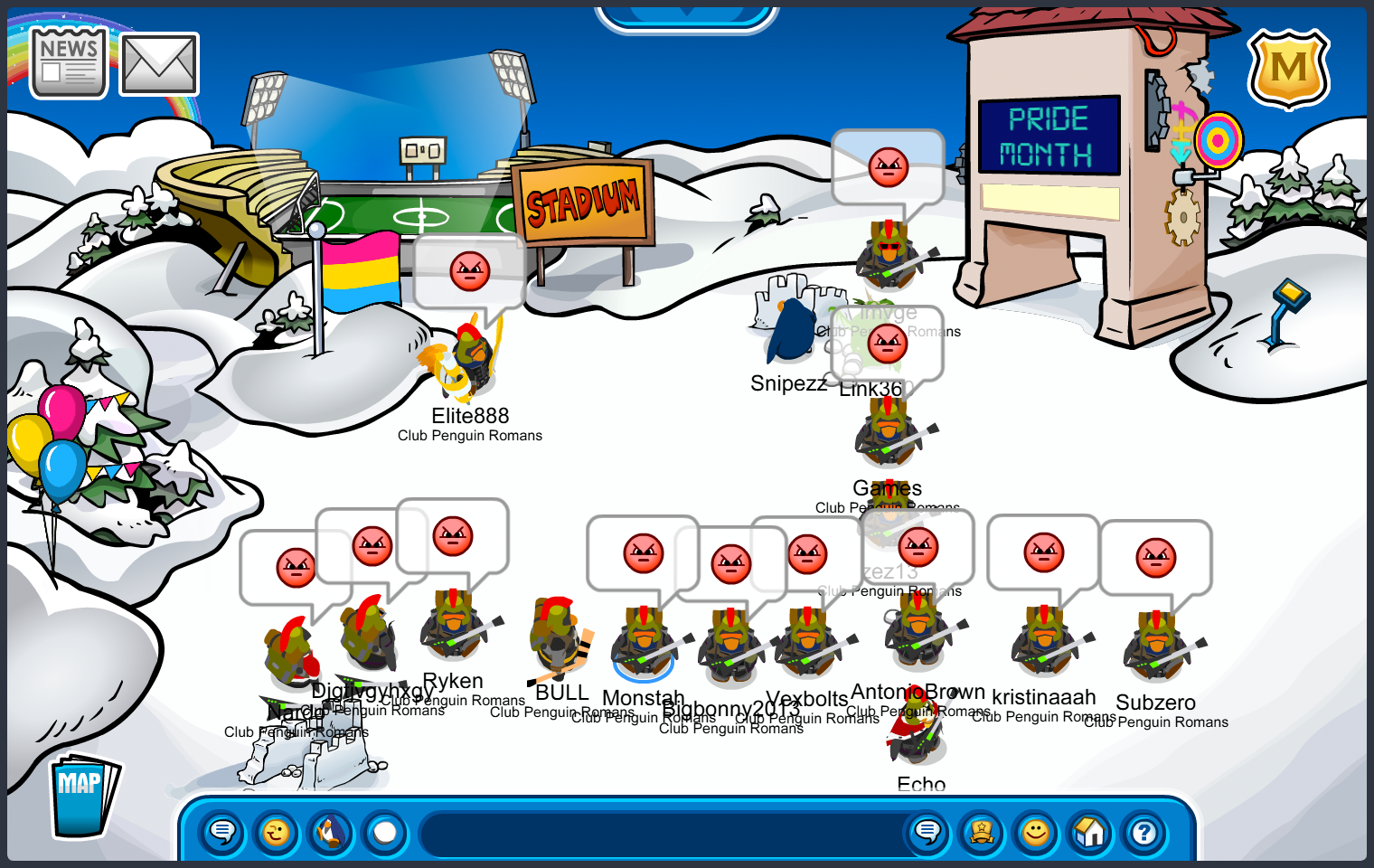 Romans of Club Penguin at Snow Forts in a plus formation. They are performing an angry smiley emote tactic