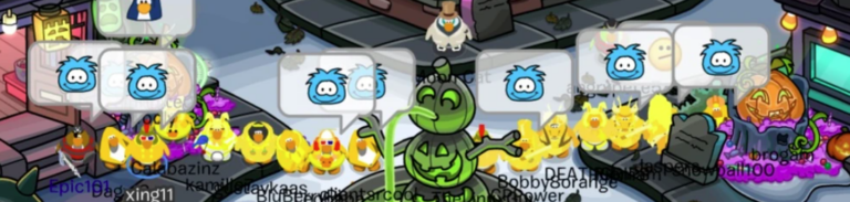 TCP at a halloween event in a line formation. Some Templars troops can be seen performing a puffle emote tactic