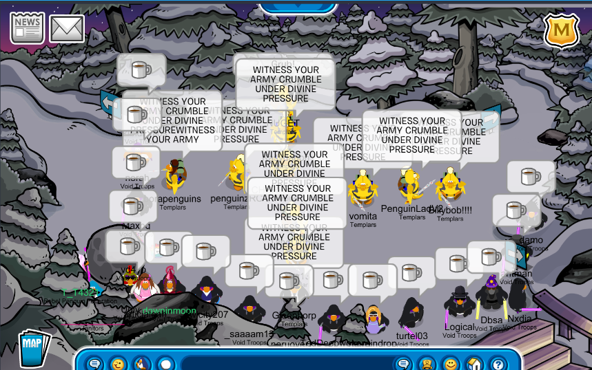 Void Troops and Templars of Club Penguin at forest.VT is in an L formation using a coffee emote tactic. TCP is in a plus formation performing a word tactic