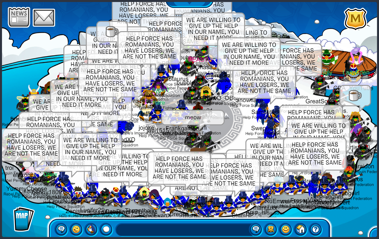 Help Force and Rebel Penguin Federation at Iceberg. Help force is in a triangle formation performing a word tactic: 'HELP FORCE HAS ROMANIANS, YOU HAVE LOSERS, WE ARE NOT THE SAME'