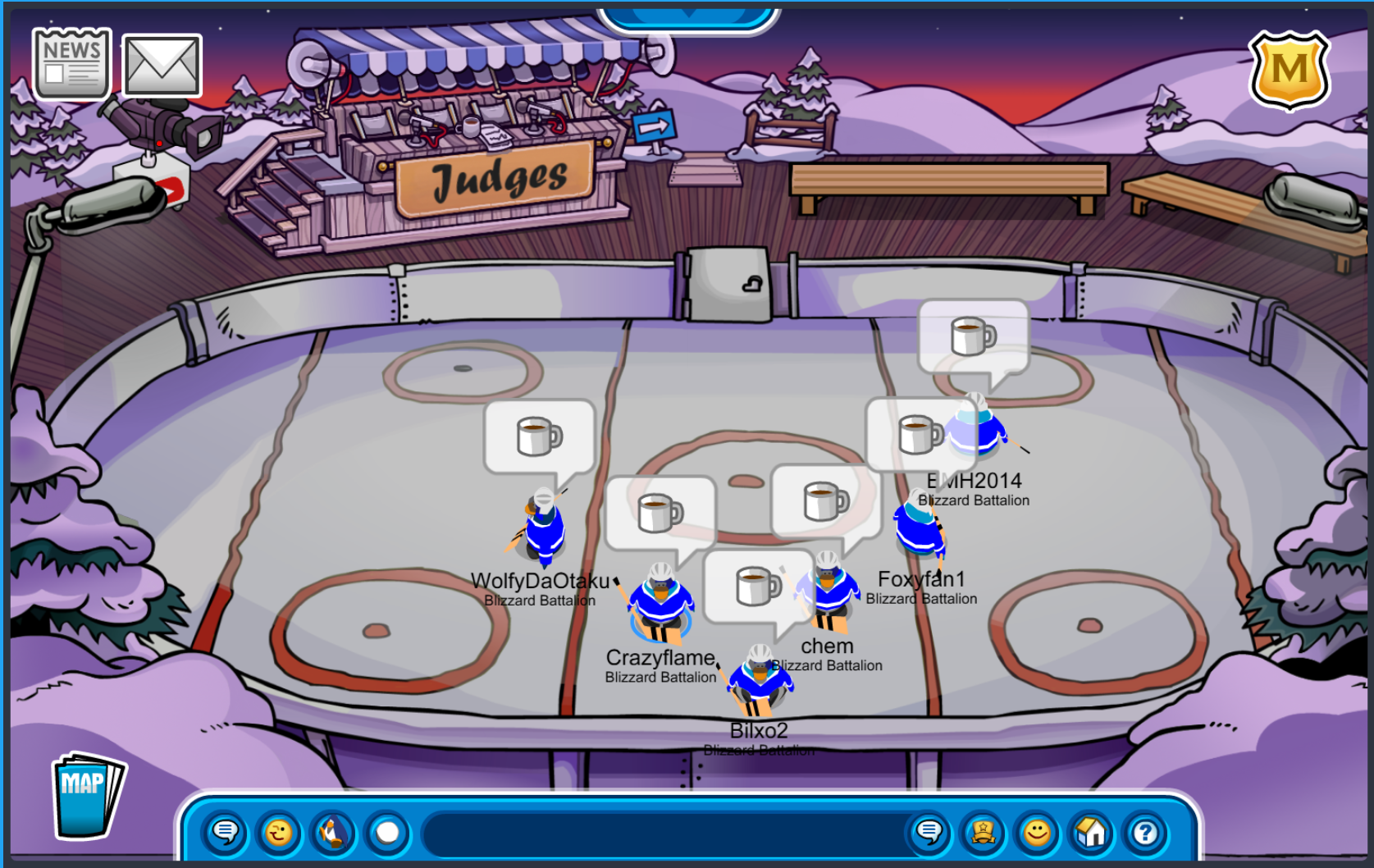 Blizzard Battalion in a V formation at the Ice Rink performing an emote tactic