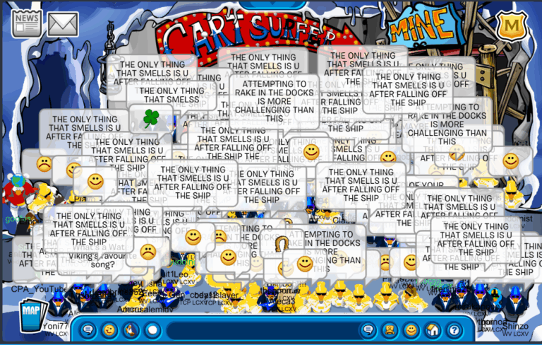 Templars of Club Penguin vs Water Vikings at Inside Mine. TCP's form cannot be deciphered. It is unclear if Billy Bawb is in the picture as it is too hectic. TCP seem to be performing a smiley emote tactic