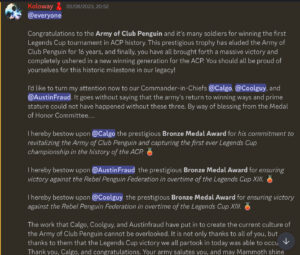 Koloway's discord announcement towards the Army of Club Penguin and their Legends Cup victory