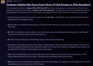A discord message highlighting the force treaty between the Army of Club Penguin vs Elite Guardians