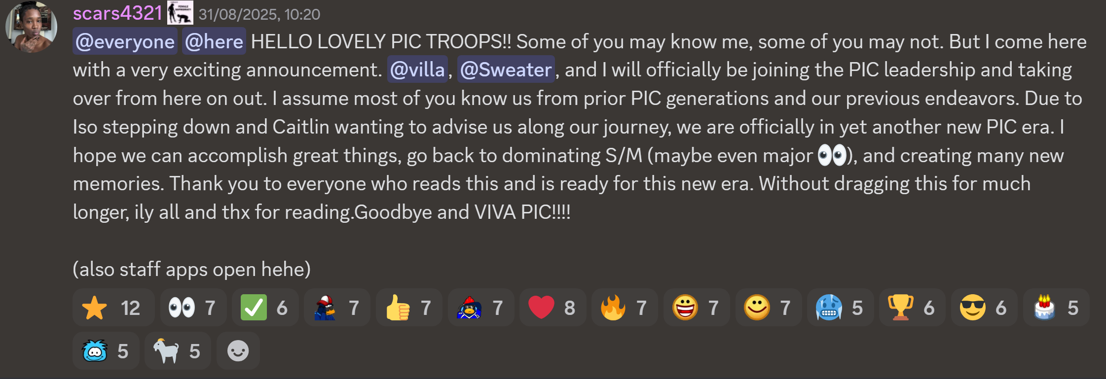 Scars announcing the return of himself, Villa and Sweater to PIC leadership