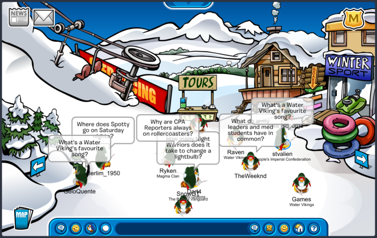 The Penguins of Agartha are pictured at Ski Village in an indescribable form. It appears they are in the middle of a Joke-Bomb, as characterized by their scattered positions and joke bubbles