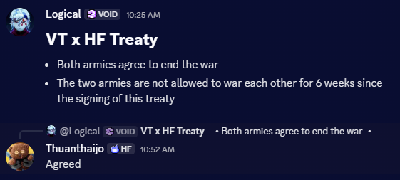 A discord message announcing the Help Force and Void Troops peace treaty