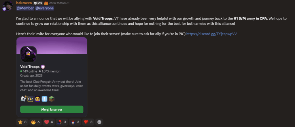 Alu taking to discord to announce the new alliance between PIC and Void Troops