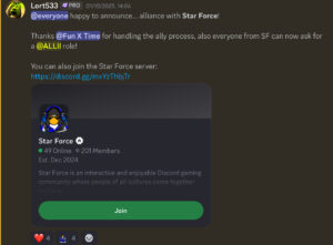 Screenshot from the wii phone discord showcasing army leader Lort533 announcing the alliance with Star Force