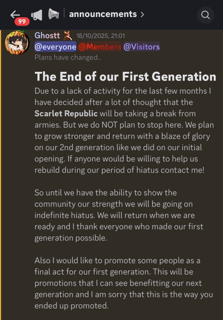 Scarlet Republic leader Ghostt announces the army's closure