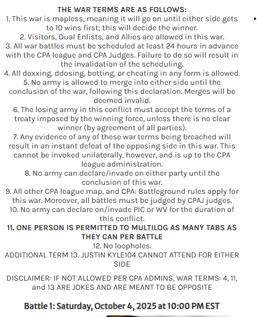 People's Imperial Confederation's war terms from their website announcement