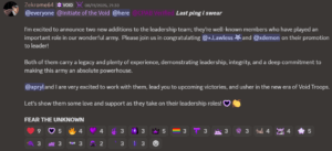 Zekrome64 discord account making an announcement about the leadership changes within the Void Troops