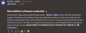 "inactive" discord account announcing Judy as the newest addition to the Romans Leadership