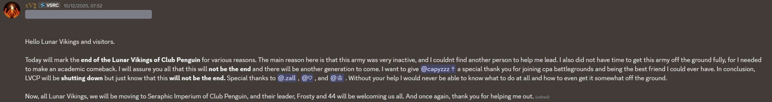 TinyGuy announcing the shutdown of Lunar Vikings